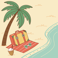 Tropical Beach Getaway Illustration with a Suitcase and Palm Tree