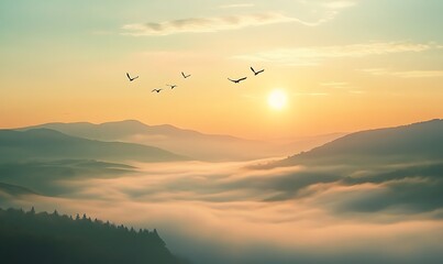 Birds Flying Over Foggy Hills at Sunrise. Generative With Ai
