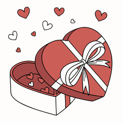 Illustration of an open red heart shaped gift box for Valentine's Day