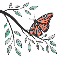 Elegant Illustration of an Orange Butterfly Resting on a Branch