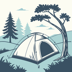 Illustration of a camping tent in a peaceful forest landscape