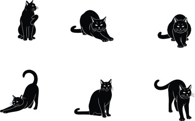 Naklejka premium Black cat silhouette illustration, feline animal artwork, sitting cat design, stretching cat drawing, crouching cat pose, domestic pet graphic, minimalist artwork