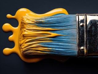 Close-Up of Paintbrush with Yellow and Blue Paint: Artistic Tools, Creative Expression, Color Mixing, Brushstrokes, Professional Art Supplies, Fine Art Techniques, Studio Art