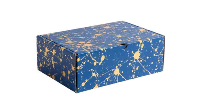 Rectangular blue box sits on a surface with gold paint splatters covering its exterior.