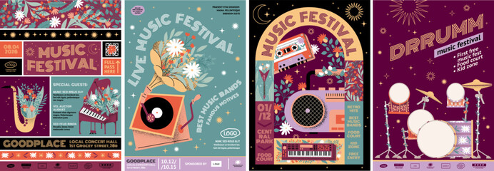 Music festival. Music. Vector retro illustration of musical instruments, floral elements, drums, gramophone, tape recorder, cassette, piano, synthesizer, boombox for poster, background or invitation t