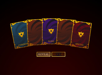 Fantasy TCG card reveal pack UI, colorful rare and special card back design with reveal button for RPG game interface.