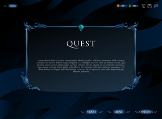 Fantasy RPG quest dialogue screen, elegant dark blue UI layout with ornate frame and gemstone accent for story or mission text.