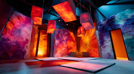 A room with large, colorful rock formations and hanging light boxes creates a dramatic atmosphere