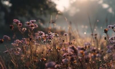 Early Morning Mist Over Purple Wildflowers in Soft Golden Light