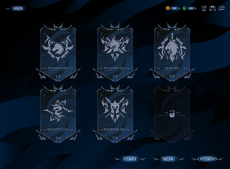Fantasy RPG game arc selection menu, dark blue elegant UI interface with chapter icons for pegasus, dragon, lion, and warrior arcs.