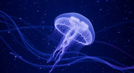 Jellyfish swims gracefully in deep blue ocean water illuminated by bioluminescence creating a mesmerizing and ethereal scene.