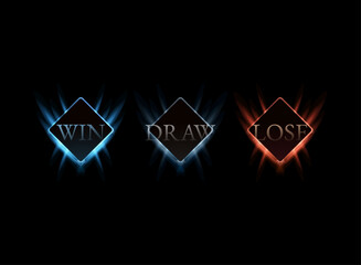 Fantasy glowing win draw lose badge icon set, elegant diamond frame UI elements for RPG and battle result screen design.