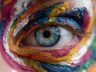 Eye Artistry Abstract Paint Close Up Mesmerizing Artistic Beauty Vibrant Colors Expressionism Eye Detail Human Portrait Creative Makeup Surreal Beauty Statement