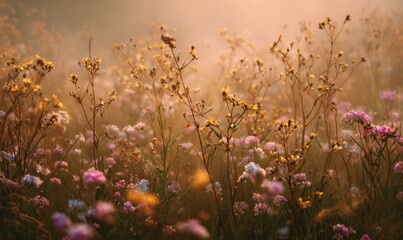 Soft Morning Light Over Colorful Wildflower Field in Springtime
