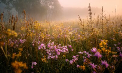 Misty Sunrise Over Colorful Wildflower Meadow in Soft Morning Light