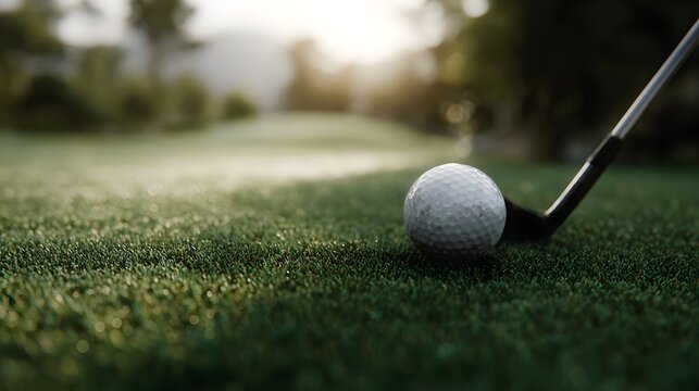 A golf club and ball sit on the green grass of a golf course under bright sunlight