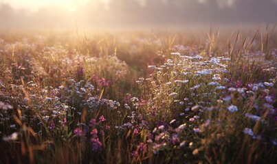 Serene Morning Light Over Colorful Wildflower Meadow at Sunrise