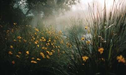 Serene Meadow with Wildflowers Under Soft Morning Light