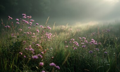 Misty Morning with Purple Flowers in Serene Meadow Landscape