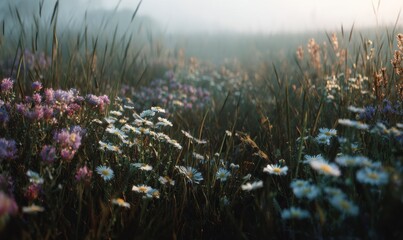 Vibrant Wildflower Field in Early Morning Fog with Soft Light