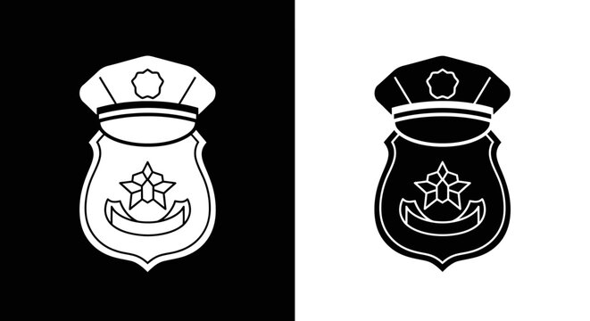 Monochrome police badge and cap icon vector illustration.
