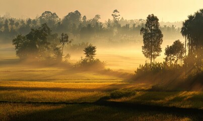 Tranquil Sunrise Over Lush Farmland with Misty Landscape Views
