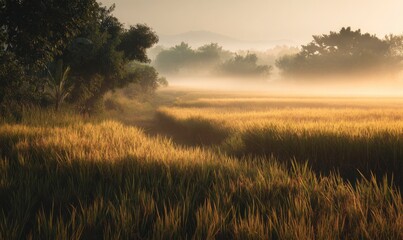 Morning Mist Over Peaceful Rice Field at Sunrise in Rural Landscape