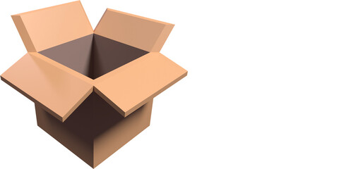 Open cardboard box isolated on white background, 3d empty packaging box illustration, Delivery parcel container concept