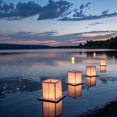 Floating lanterns drift peacefully over a calm lake, illuminating the night with warmth