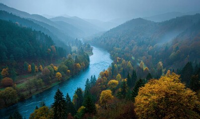 Serene Autumn Landscape with River and Misty Mountain Backdrop