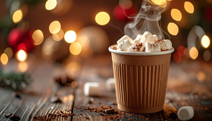 Paper cup of hot chocolate with marshmallows on dark wooden table. Delicious beverage. Tasty drink