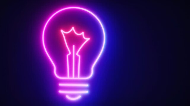 A glowing neon lightbulb outline, rendered on a dark blue gradient background with empty space