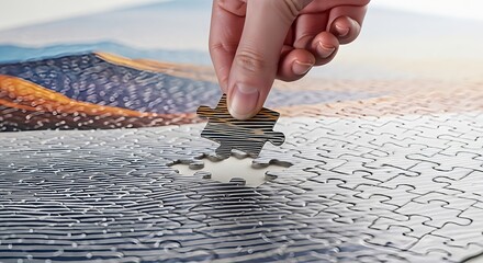 A hand placing the final jigsaw puzzle piece into a highly detailed, abstract image of ocean waves and a blurry landscape, symbolizing completion and problem-solving.
