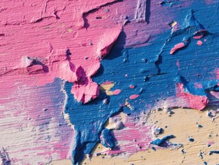 Abstract Pink and Blue Paint Layers on Wood Textured Surface Bold Brushstrokes Artistic Impressionist Style Detailed Close-Up of Colorful Decorative Finish Unique Wall Art Element