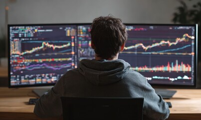 Person Analyzing Financial Charts on Multiple Computer Monitors