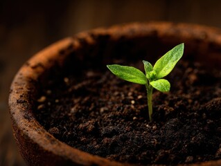 Tiny Sprout Emerging from Soil in Terracotta Pot: Symbol of New Beginnings, Growth and Hope, Springtime Seedling, Green Leaves