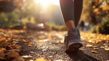 close-up of a woman's legs in running shoes, walking on autumn leaves with sunlight filtering through the trees - Outdoor fitness exercise concept 
