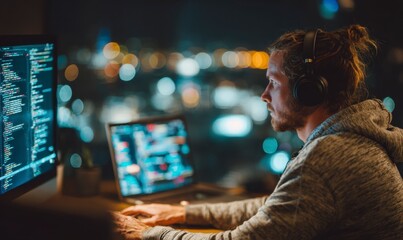 Focused Programmer Working Late at Night with Dual Monitors Setup