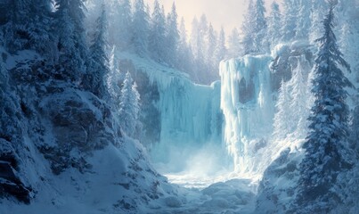 Majestic Frozen Waterfall Surrounded by Snowy Pine Trees