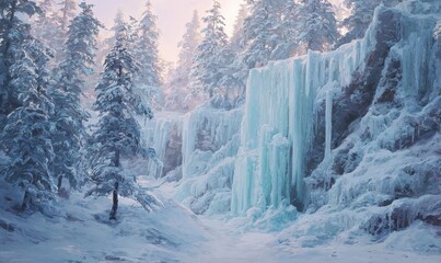 Majestic Winter Landscape with Frozen Waterfall and Snowy Pines