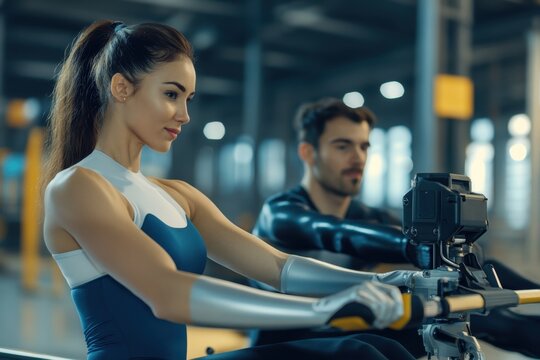 Fitness enthusiasts engaged in rowing exercise at a modern training facility