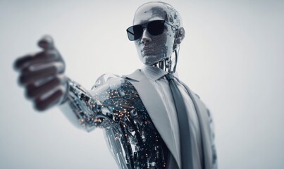 Futuristic Robot in Suit and Sunglasses Reaching Out with Confidence