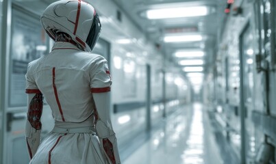 Futuristic Robot in White Hallway with Sleek Design and Glistening Floor