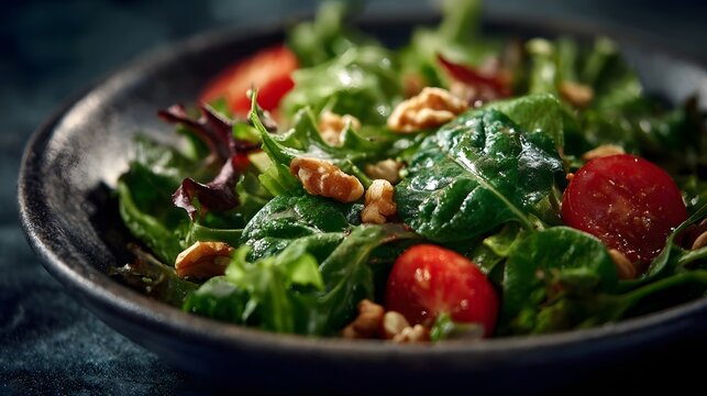 A vibrant close up of a healthy green salad with cherry tomatoes and walnuts in a dark rustic bowl