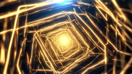 Abstract image of a glowing tunnel, geometric shapes creating a vibrant, golden light display - Powered by Adobe