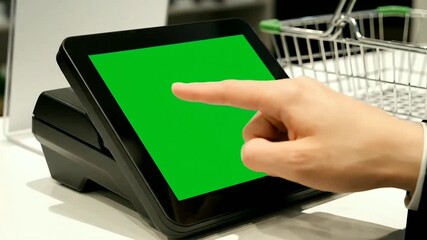 customer taps green screen point of sale terminal - Powered by Adobe
