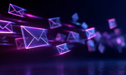 Futuristic Neon Email Icons in Motion on Dark Background