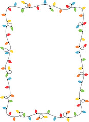 Rectangle frame border with festive string of colorful Christmas lights for greeting card, social post, banner, vector isolated on white background.