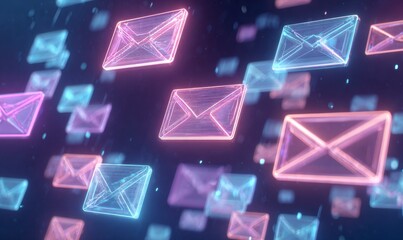 Neon Email Icons Floating in a Digital Space with Glowing Effects