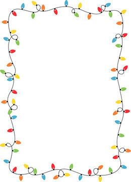 Rectangle frame border with festive string of colorful Christmas lights for greeting card, social post, banner, vector isolated on white background.